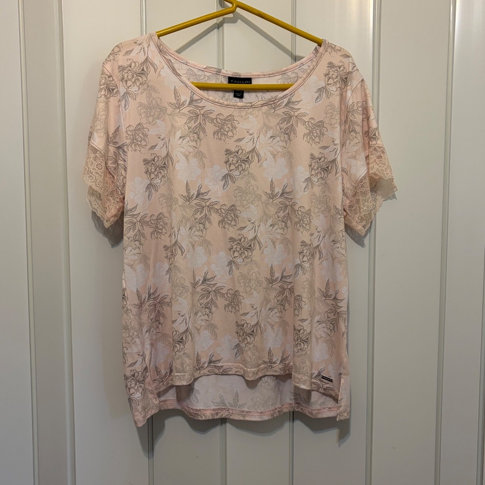 Tahari Womens Floral Lace Trim Short Sleeve Top Pink Grey XL High Low Hem
